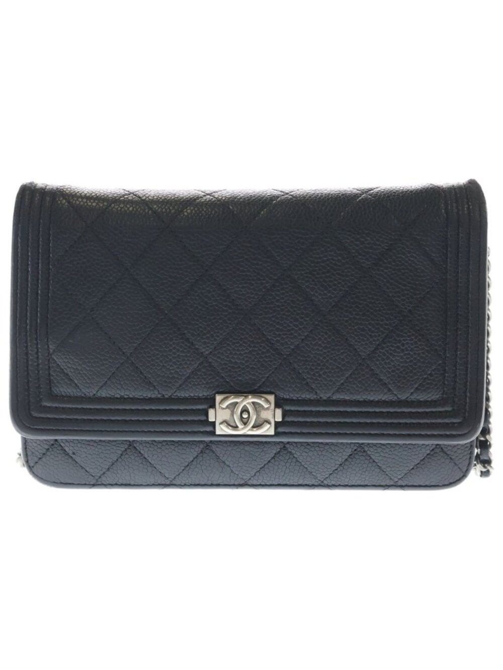Chanel Boy Caviar Leather Silver Chain Wallet Shoulder Bag Black
